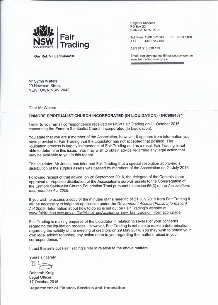 2016 10 17 - Letter from Department of Fair Trading - monies provided to ex-member - received on 21 10 2016