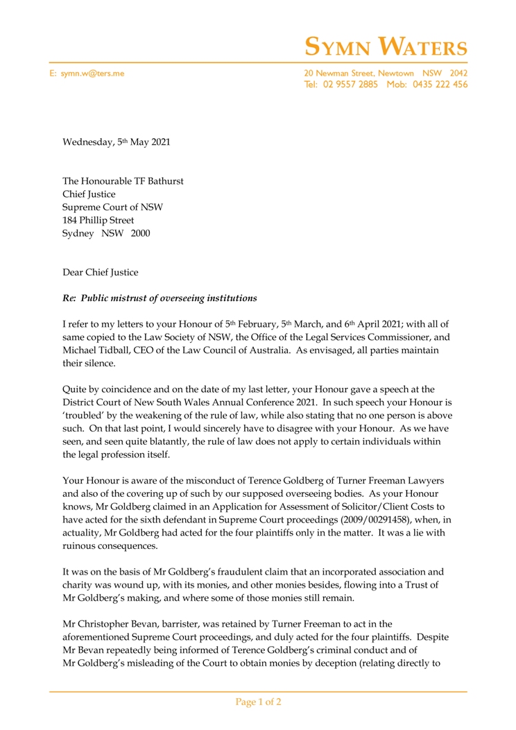 2021 05 05 - Letter to the Hon Tom Bathurst, Chief Justice - mistrust in institutions-1