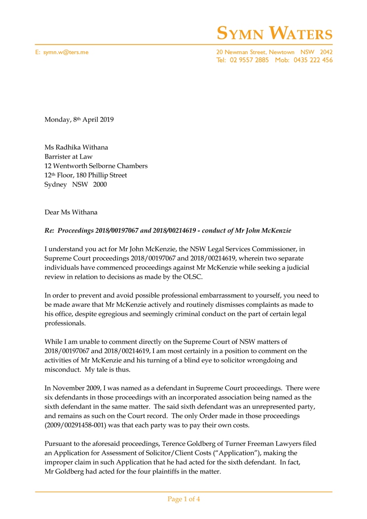 2019 04 08 - Letter to Ms Radhika Withana of Counsel - conduct of John McKenzie-1